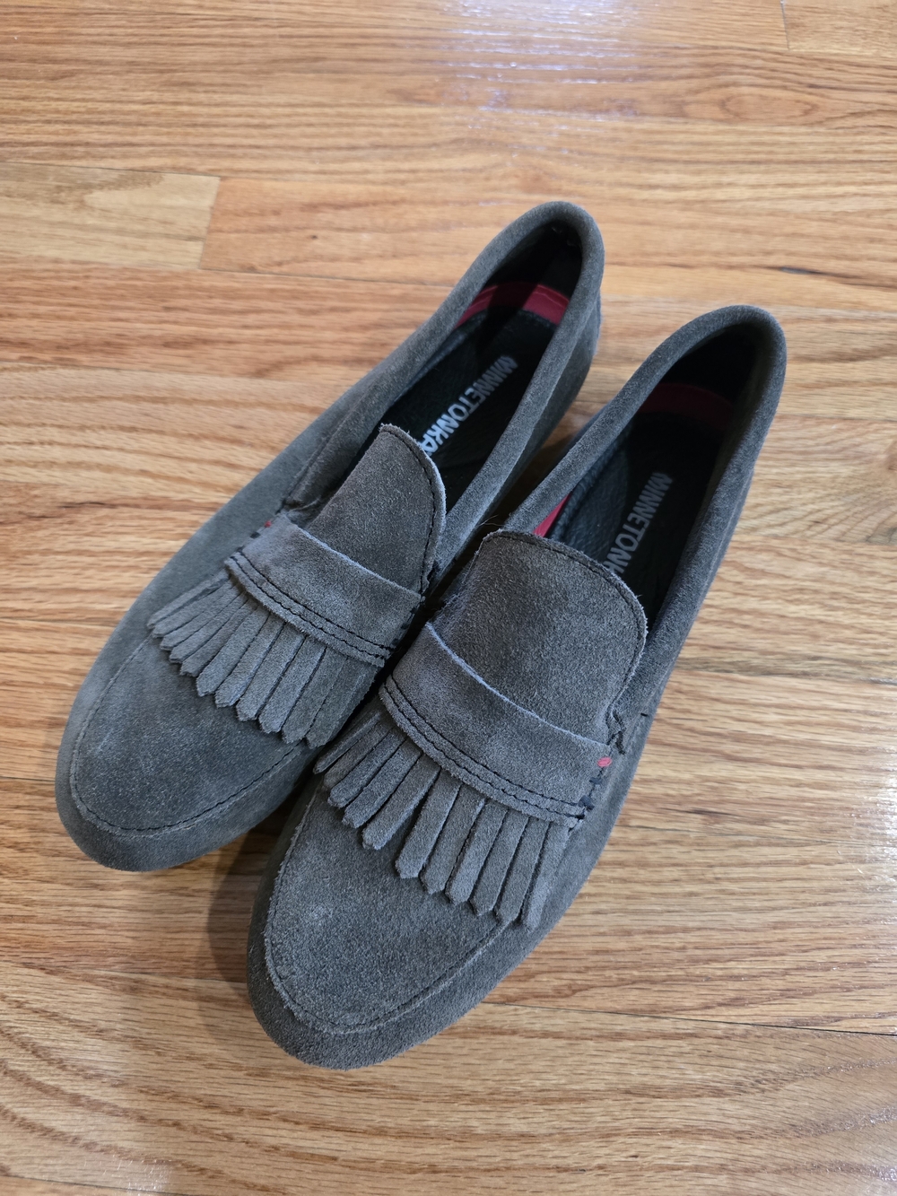 Minnetonka Gray Suede Fringe Loafers